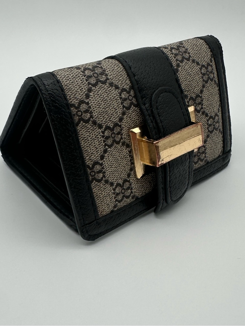 Black Beige Monogram Bifold Wallet Gold Buckle Designer Inspired